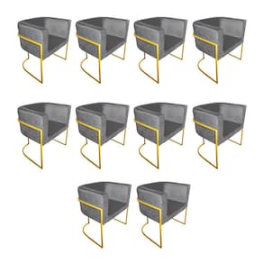Kit 10 Cadeiras De Jantar Premium Base De Ferro Dourada Veludo Cinza