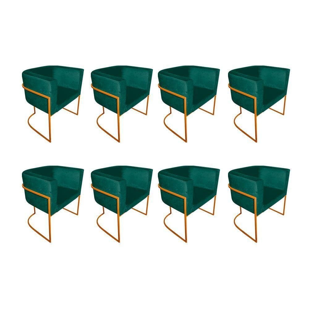 Kit 8 Poltronas Decorativa Sala De Estar Base De Ferro Cobre Veludo Verde