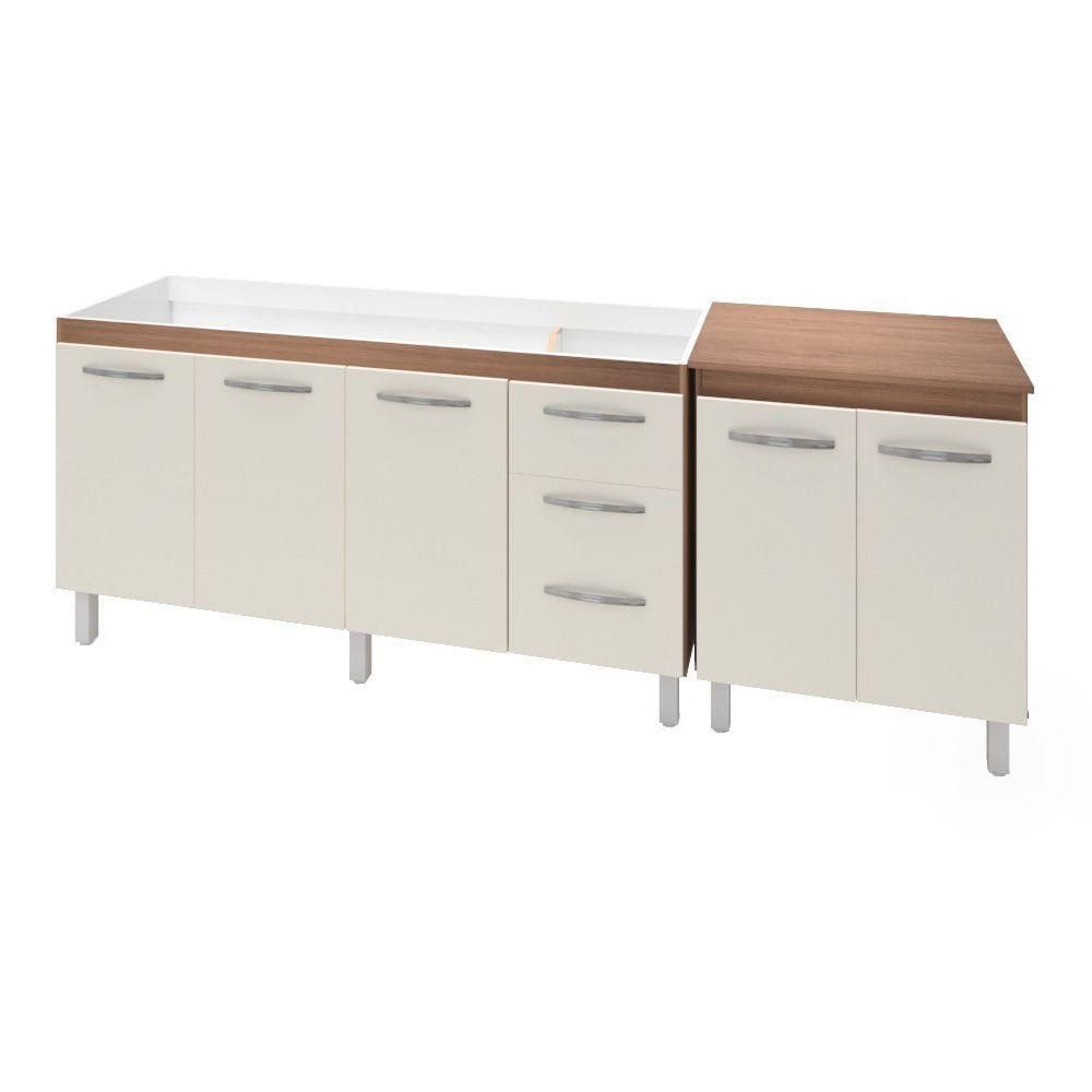 Armário Cozinha Gabinete Pia De 160 Cm Emily Com Balcão Multiuso Micro-ondas Savana Frente Off-white Serena