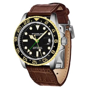 Relogio Meridian 3968L GMT 42mm, Mostrador Preto, Moldura e Pulseira em Couro Marrom, Fivela de Implantacao Stuhrling