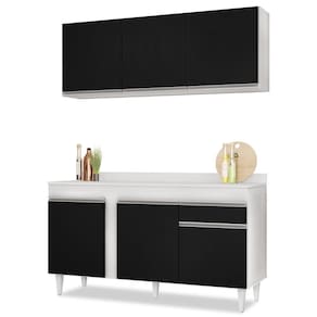 Armário Aéreo Argélia E Balcão Gabinete Para Pia Com Tampo 150Cm Dakota Branco/Preto- Lumil