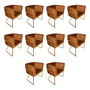 Kit 10 Cadeiras De Jantar Premium Base De Ferro Cobre Veludo Terracota Laranja