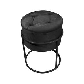 Puff Decorativo Redondo Com Capitonê Base De Ferro Preta Tecido Veludo Preto