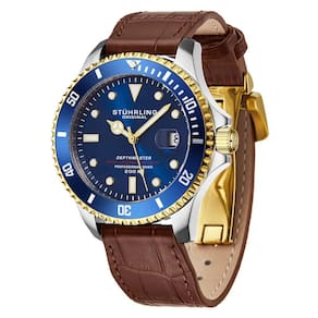 Relogio Swiss Automatico Depthmaster 883L 42mm Mostrador Azul e Amarelo Prateado com Pulseira de Couro Marrom e Fivela Stuhrling