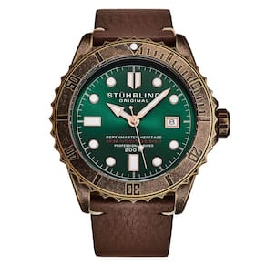 Relogio Automatico Swiss Depthmaster Heritage 1003L 44MM, Mostrador Verde e Cobre, Pulseira de Couro Marrom Stuhrling.