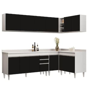 Armário De Cozinha Modulado De Canto 6 Peças Cp32 Balcão Com Tampo Branco-preto - Lumil