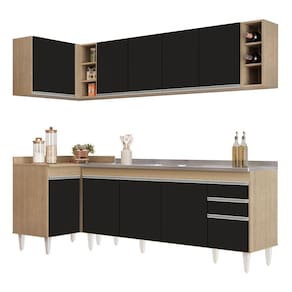 Armário De Cozinha Modulado De Canto Direito 5 Peças Cp45 Com Pia Inox Castanho-preto