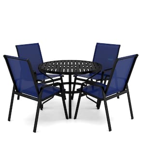 Mesa 4 Cadeiras Ripado Piscina Alumínio Preto E Tela Azul