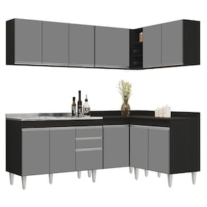 Armário De Cozinha Modulado De Canto 6 Peças Cp30 Com Pia Inox Preto-cinza
