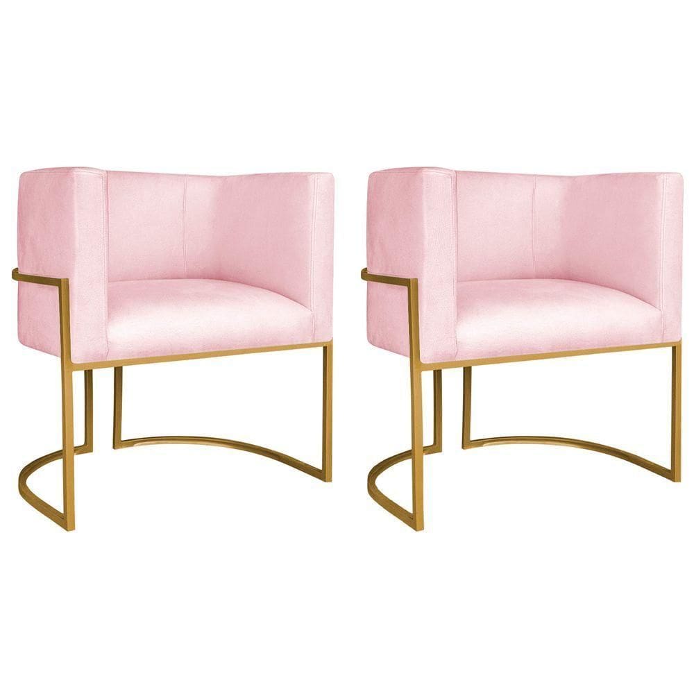 Kit 02 Poltronas Decorativas Luna Base De Ferro Dourado Suede Rosa Bebê