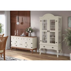 Conjunto Cristaleira Luis Xv Alta Com Balcão 4 P E 4 G De Madeira Maciça E Mdf Off White