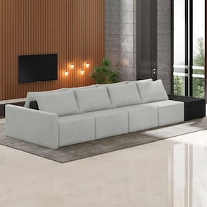 Sofá Ilha Modulado Milos 432cm Puff Lateral Cinza Preto Manchado Linho/pu G33 - Gran Belo