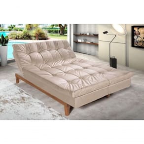 Sofá Cama Versátil 3 Lugares Império Reclinável Casal Pés Madeira Espuma Especial D33 Suede Areia 376