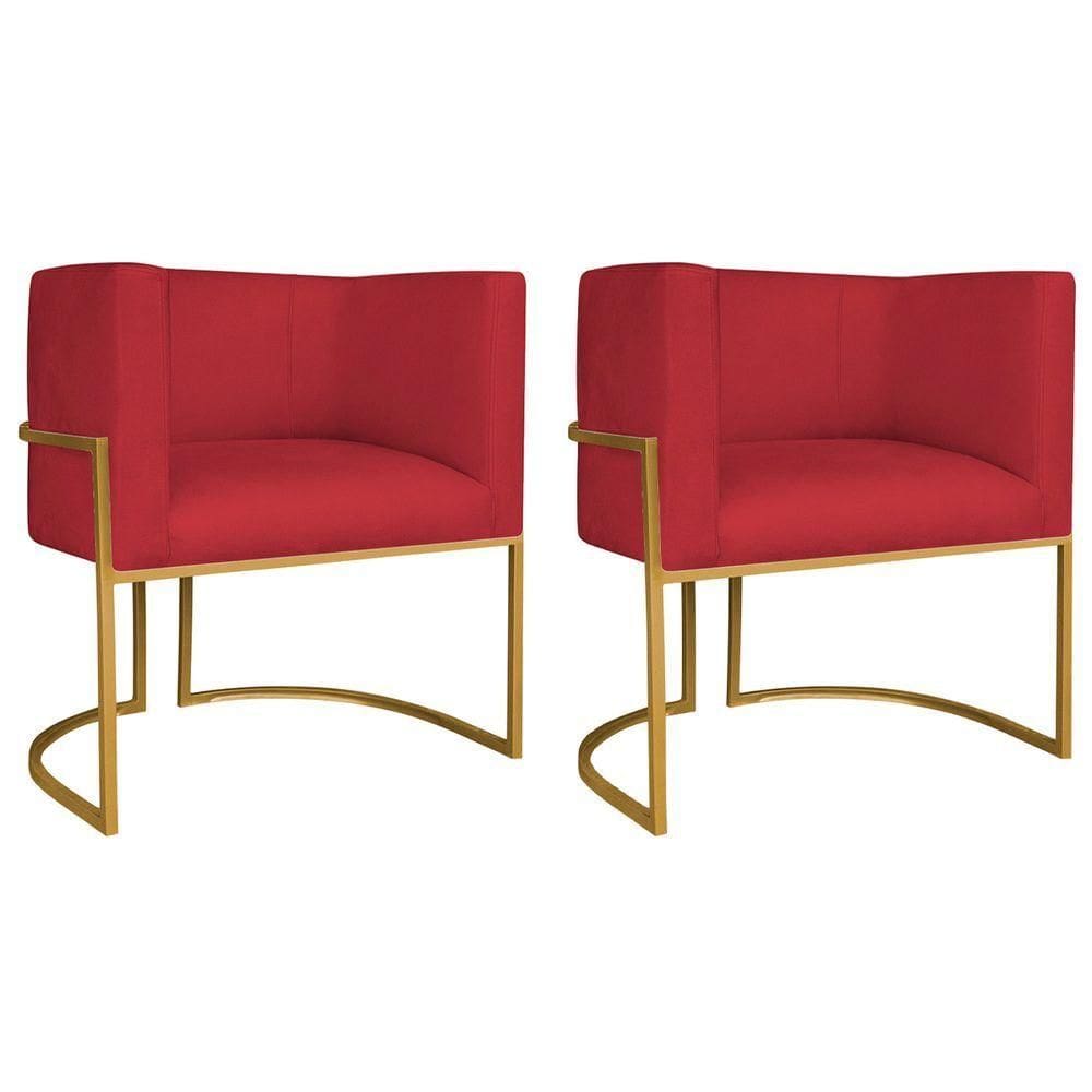 Kit 02 Poltronas Decorativas Luna Base De Ferro Dourado Suede Vermelho