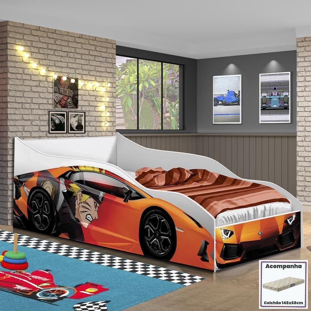 Cama Quarto Infantil Carro Com Colchão Laranja