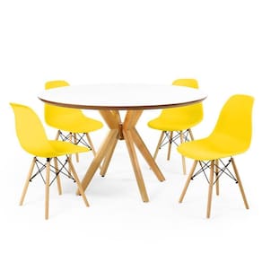 Mesa De Jantar Redonda Marci  Branca   4 Cadeiras    Amarelo