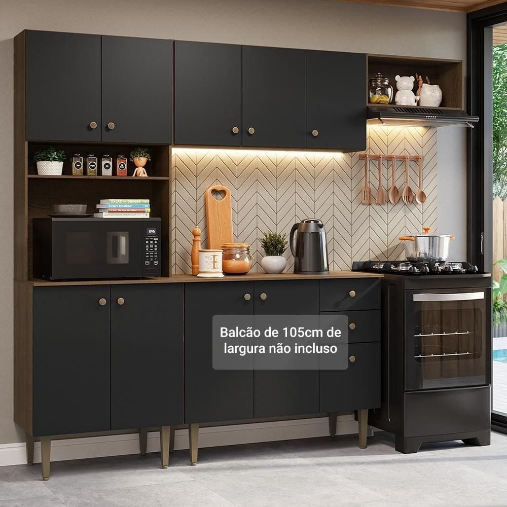 Armário De Cozinha Compacta 235cm Rustic/preto Gourmet Madesa Xc03 Rustic/preto