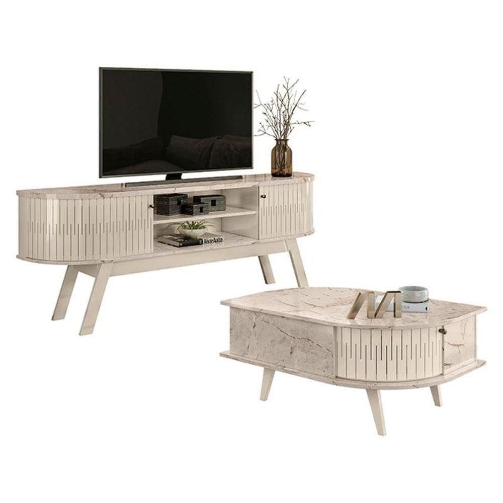 Rack Bancada Valência Com Mesa De Centro Indianápolis Calacata Off White - Madetec