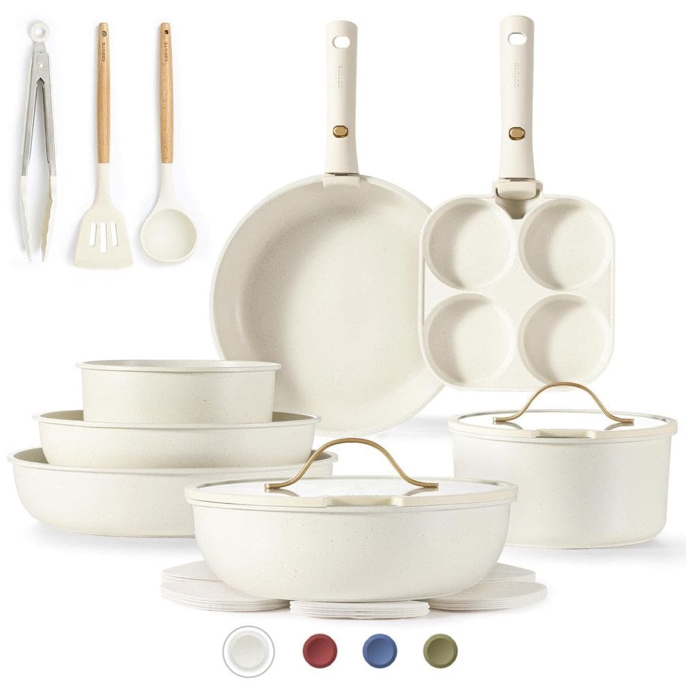 Jogo de Panelas e Frigideiras Antiaderentes, Material em Granito com 19 Peças, Utensílios de Cozinha e Cabo Removível, CAROTE, Branco Creme