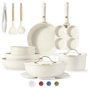 Jogo de Panelas e Frigideiras Antiaderentes, Material em Granito com 19 Peças, Utensílios de Cozinha e Cabo Removível, CAROTE, Branco Creme