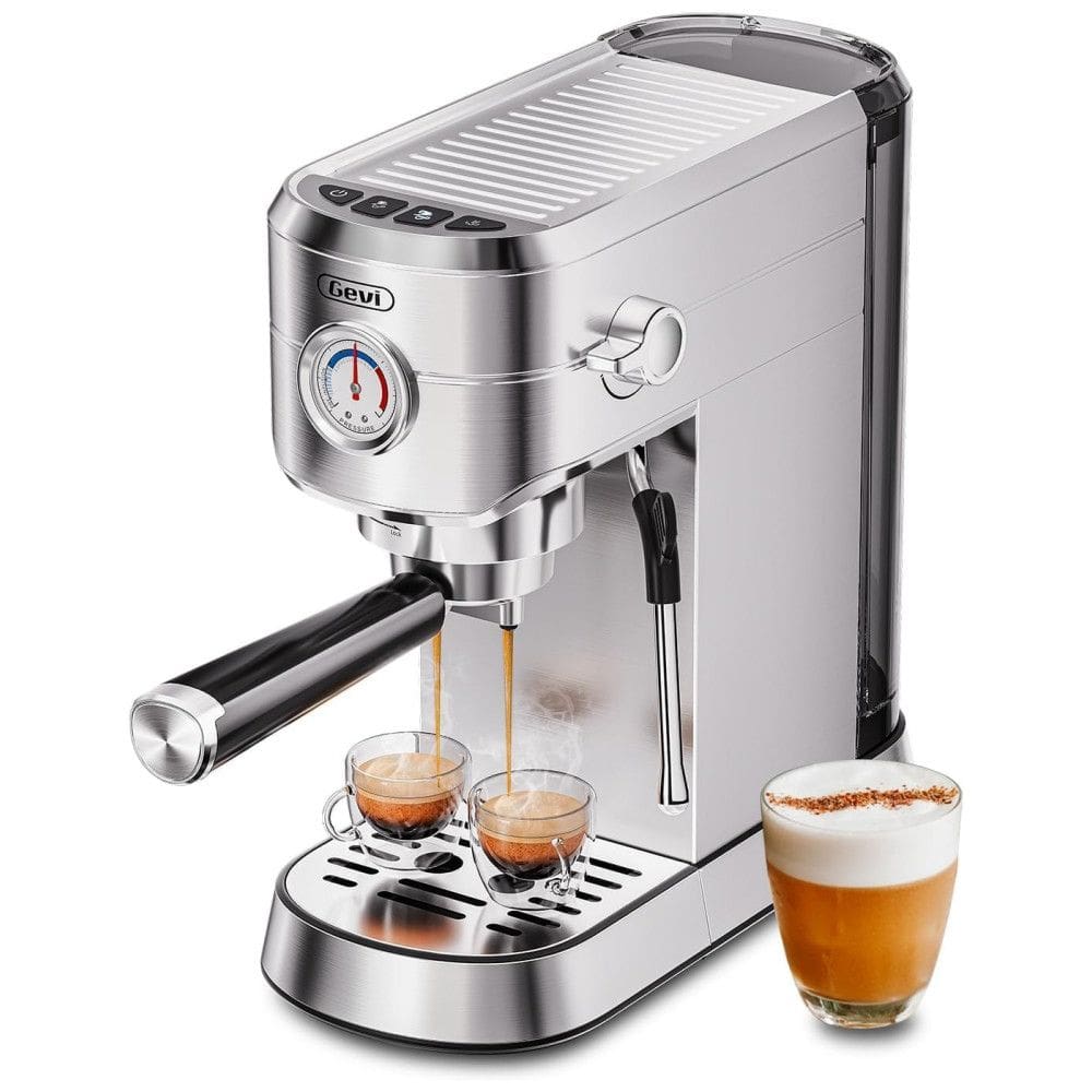 Máquina de Café Expresso Profissional 20 Bar com Espumador de Leite em Aço Inoxidável, 110V 1350W, Gevi, Prata