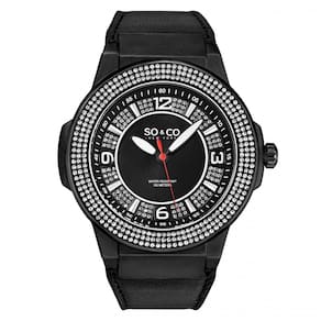 Relgio Masculino Preto com Moldura e Mostrador Cravejados de Cristal Dodecagonal e Mos Stuhrling.