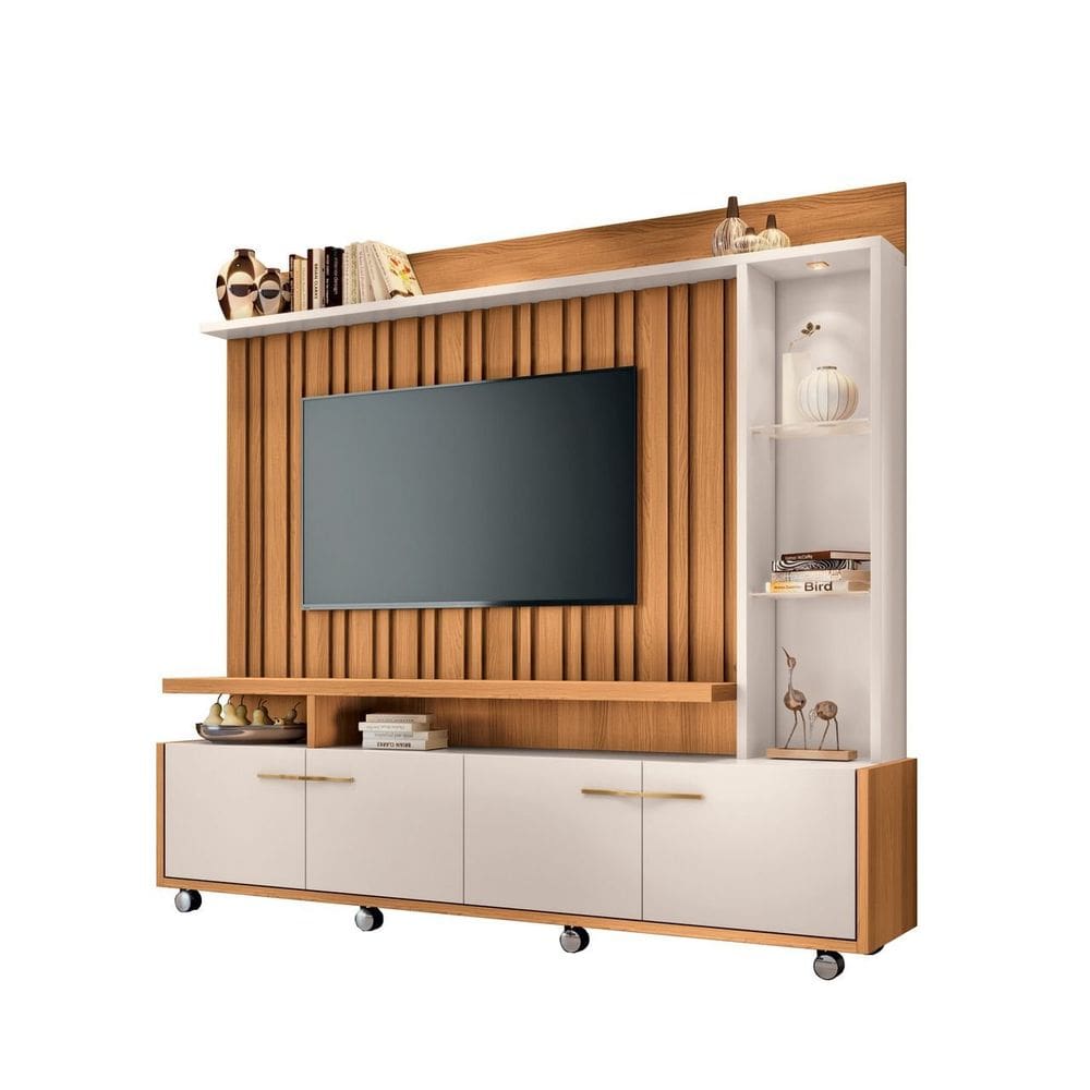 Estante Home Theater Ripado Luminária Led Sala Estar TV Até 60 Polegadas Rodízios Prateleira De Vidro E 4 Portas Titan