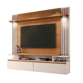 Painel Home Suspenso Detalhes Ripado 2 Luminárias Led Sala Estar TV Até 55 Polegadas 2 Portas Basculante 1 Prateleira Cosmo