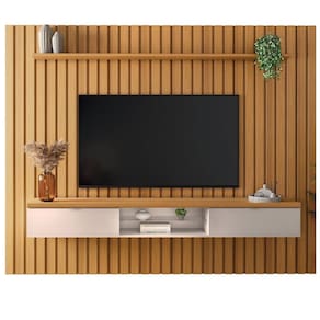 Painel Ripado Suspenso Sala Estar TV Até 86 Polegadas Prateleira De Vidro 2 Portas You 2.7