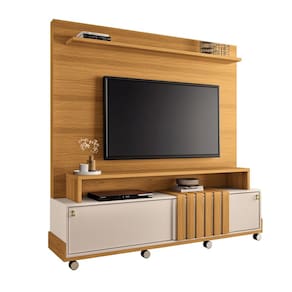 Estante Home Theater Sala Estar Detalhe Ripado TV Até 65 Polegadas 2 Portas de Correr 1 Prateleira Rodízios Cromados Bold