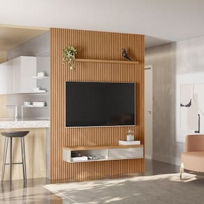 Painel Ripado Modular 1.8 Para Sala Estar TV Até 75 Polegadas 1 Nicho 1 Prateleira 1 Porta