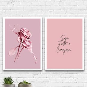 Kit 2 Quadros Forte e Corajosa Rosa 33x24cm - Moldura Branca