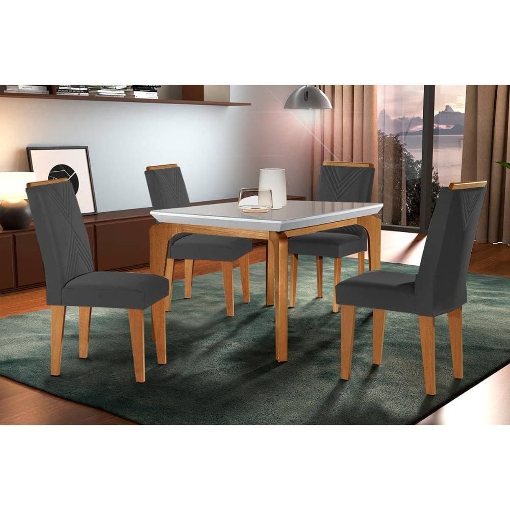 Conjunto: Mesa de Cozinha Londrina c/ Tampo Madeirado c/ Vidro Canto Curvo 120x80cm e 4 cadeiras Amsterdã Imbuia/Off White - Linho Grafite - Rufato