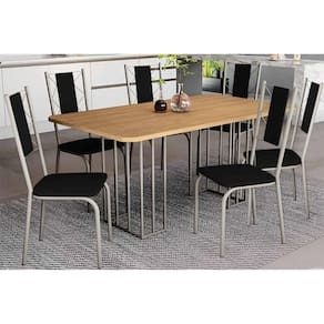 Conjunto: Mesa de Cozinha Duina c/ Tampo de Madeira 160cm e 6 Cadeiras Lisboa Niquel/Freijo - Courano Preto - Kappesberg