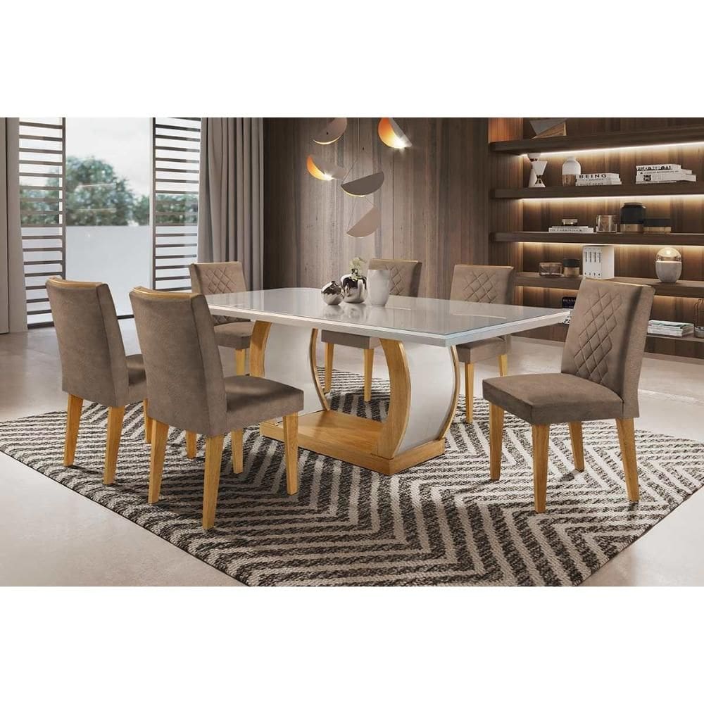 Conjunto: Mesa de Cozinha Jade Tampo Madeirado c/ Vidro Canto Curvo 180x90cm e 6 Cadeiras Jade Imbuia/Suede Capuccino - Rufato