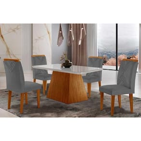 Conjunto: Mesa de Cozinha Luna Tampo Madeirado c/ Vidro Canto Curvo 120x80 e 4 Cadeiras Amsterdã Capuccino/Suede Grafite - Rufato