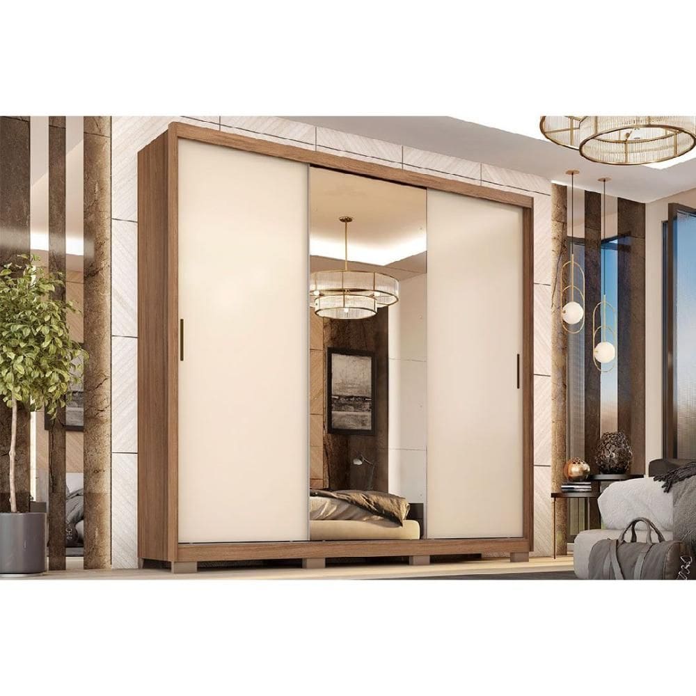 Guarda Roupa 3 Portas de Correr (1 c/ Espelho) e 2 Gavetas c/ Pés Dalila Flex Amêndola/Amêndola ou Off white - Demóbile