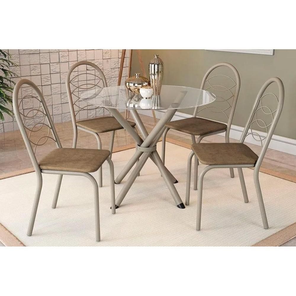 Conjunto: Mesa Sala Jantar Volga c/ Tampo de Vidro 95cm e 4 Cadeiras Holanda Niquel - Capuccino - Kappesberg