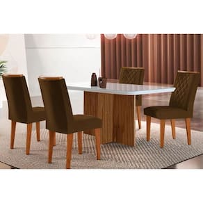 Conjunto: Mesa de Cozinha Berlim c/ Tampo Madeirado c/ Vidro Canto Curvo 120x80cm e 4 Cadeiras Jade Imbuia/Off White - Suede Marrom - Rufato