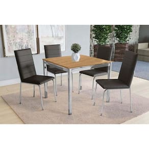 Conjunto: Mesa de Cozinha Reno c/ Tampo de Madeira 90cm e 4 Cadeiras Amsterdã Cromada/Nogueira - Courano Preto - Kappesberg