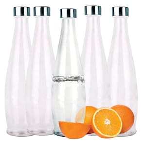 Jogo 5 Garrafas Vidro Acqua Transparente 1 Litro Tampa com Rosca Aço Inox - Tuut