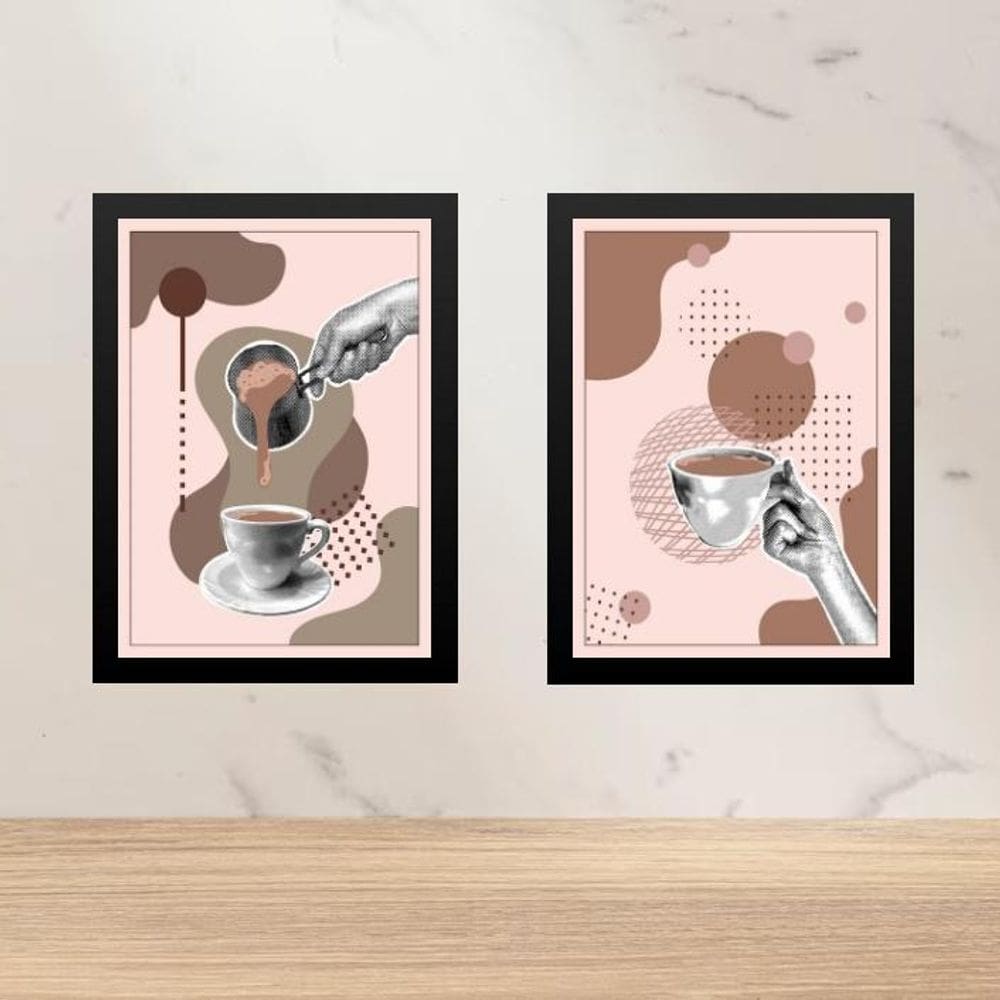 Kit 2 Quadros Modernos Cozinha Café Rosa 33X24Cm