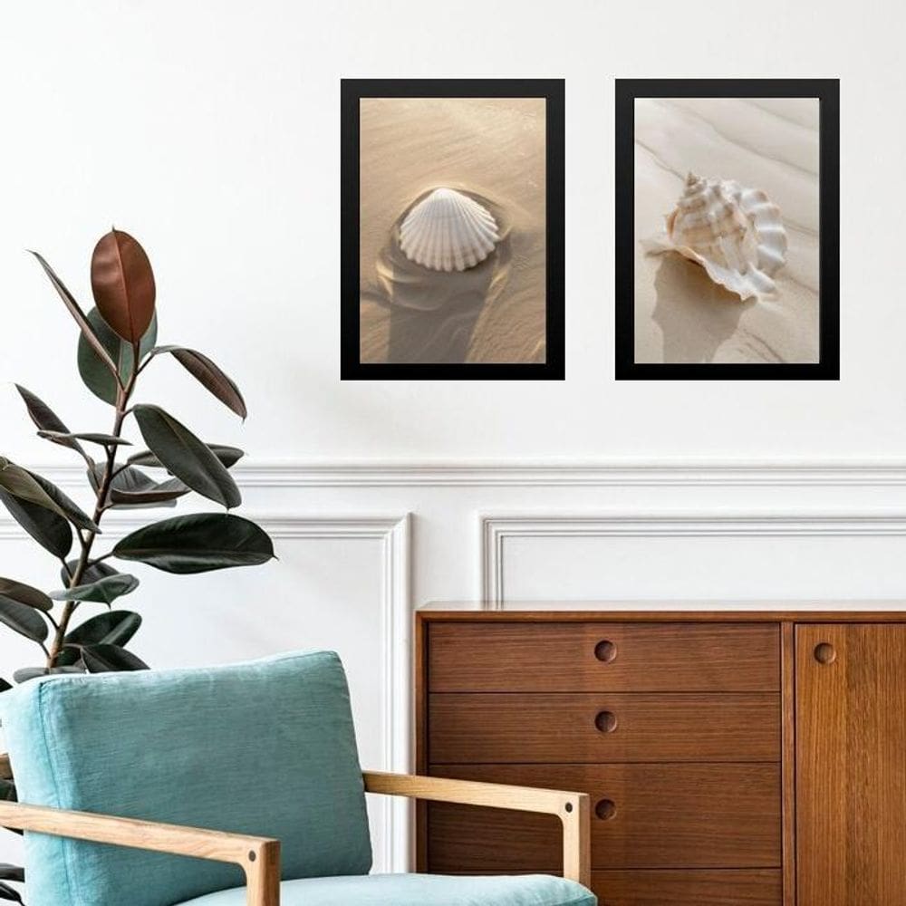 Kit 2 Quadros Praia Bege - Conchas 33X24Cm
