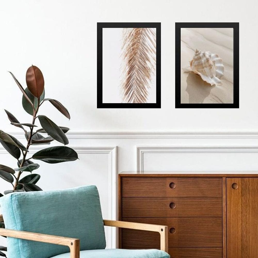 Kit 2 Quadros Praia Bege - Folha E Concha 45X34Cm