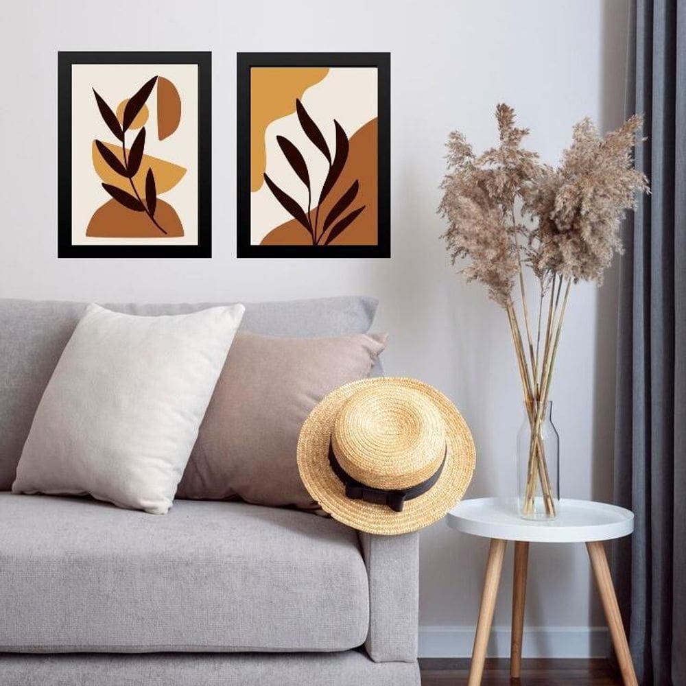 Kit 2 Quadros Sala Gravuras Folhas Boho 45X34Cm