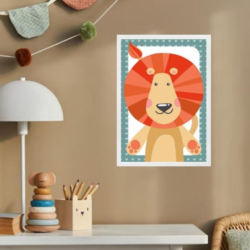 Quadro Infantil Safari - Leãozinho 45X34Cm - Com Vidro