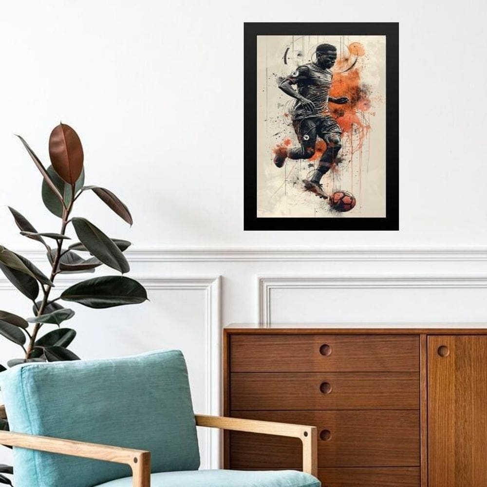 Quadro Arte Jogador De Futebol Em Ação 45X34Cm - Com Vidro