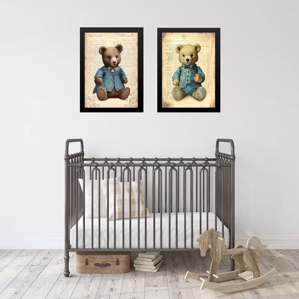 Kit 2 Quadros Infantis Ursos Vintage Clássico 24X18Cm