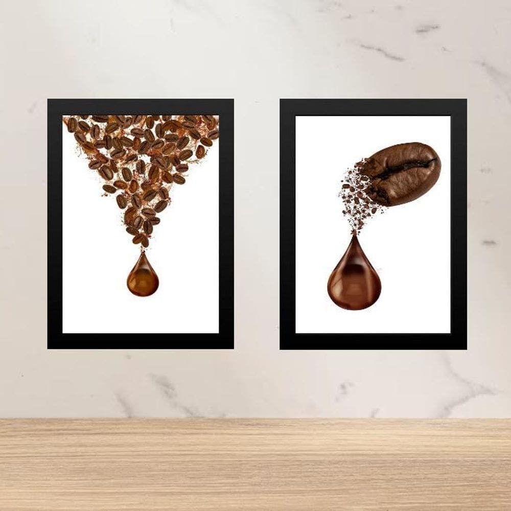 Kit 2 Quadros Gotas Grãos De Café 45X34Cm - Com Vidro