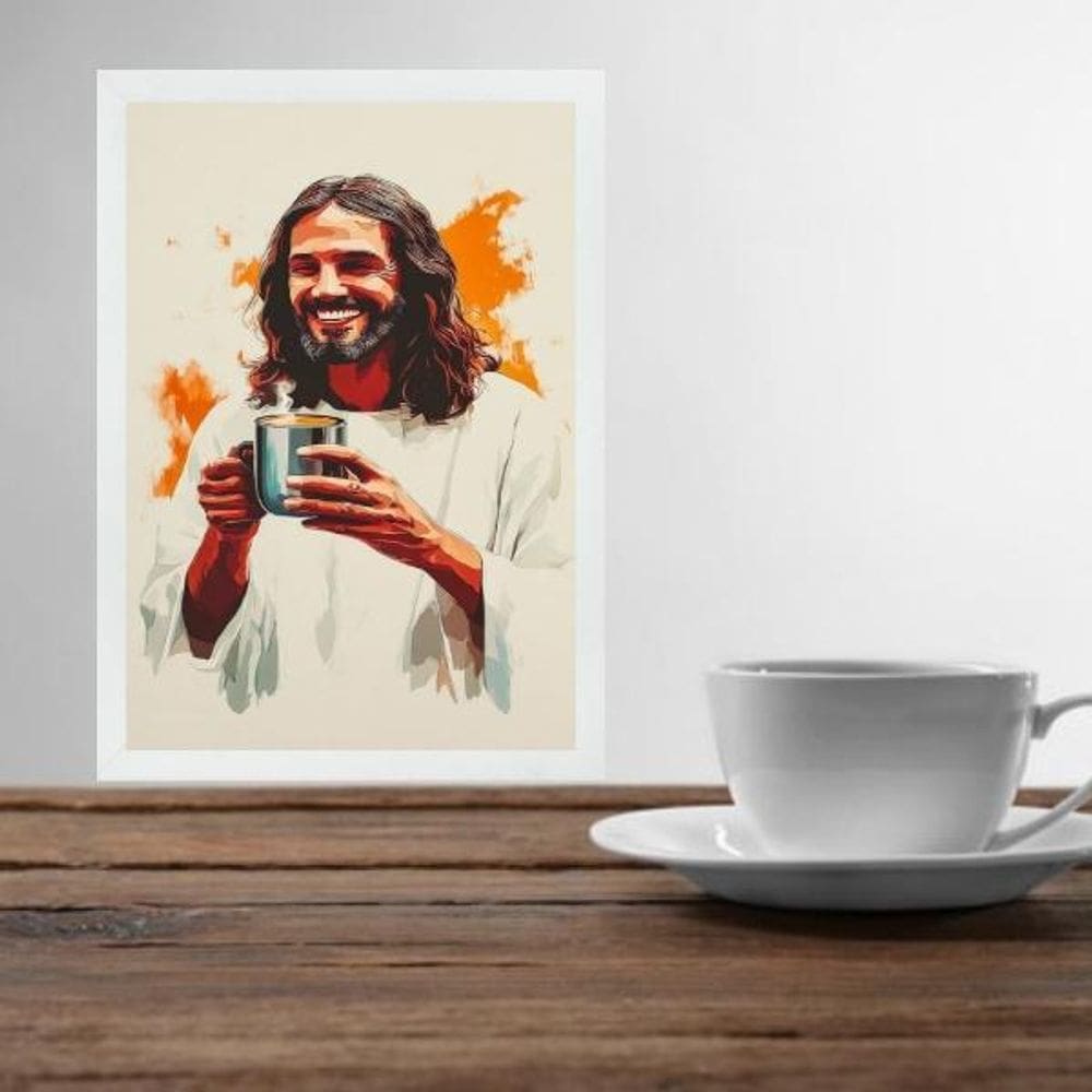 Quadro Jesus Tomando Café - Aquarela 24X18Cm